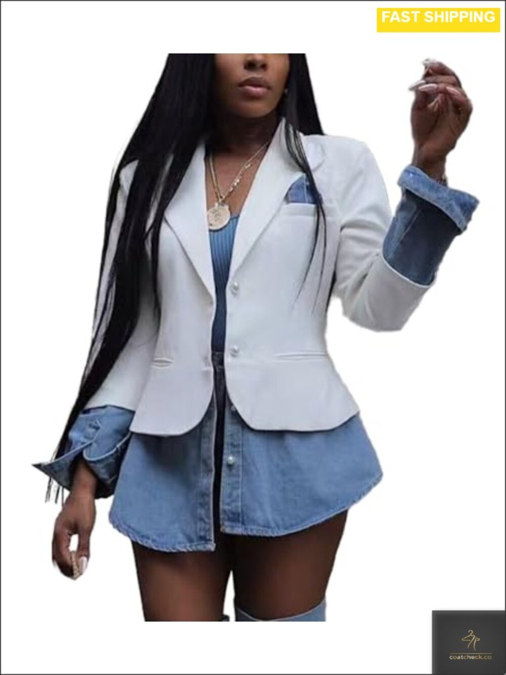 Women's Denim Blazer Jacket Long Sleeve Notched Lapel Boyfriend Fit
